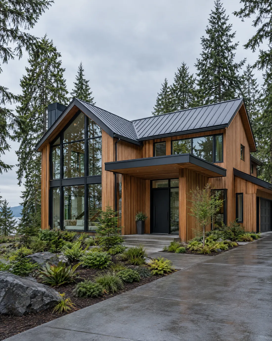 The cedar-sided listing on an overcast morning, lights off