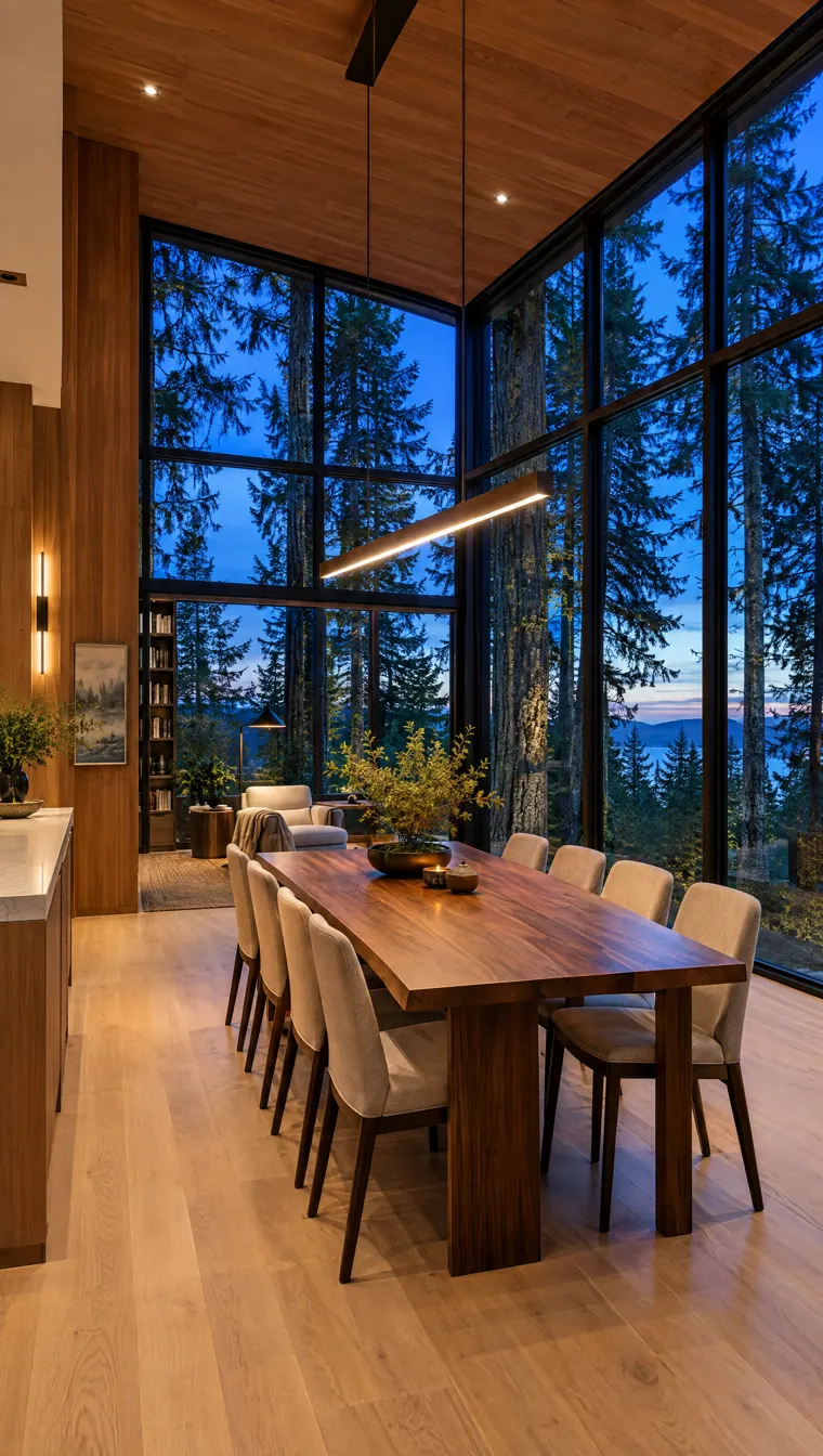 Dining area with a long walnut table